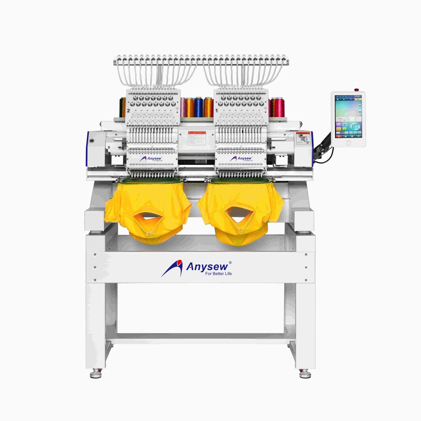 AS-BC1202 double head computerized embroidery machine embroidering a yellow garment