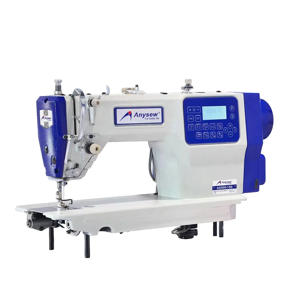 AS500-1S6 single needle direct drive lockstitch sewing machine with blue control panel